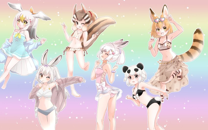6+girls, absurdres, animal_ears, bikini, bird_girl, bird_tail, bird_wings, cat_ears