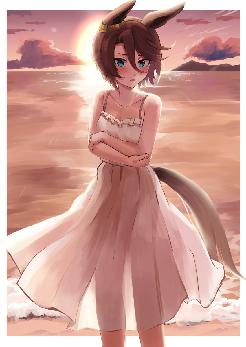 1girl, absurdres, alternate_costume, animal_ears, blue_eyes, blush, brown_hair, collarbone