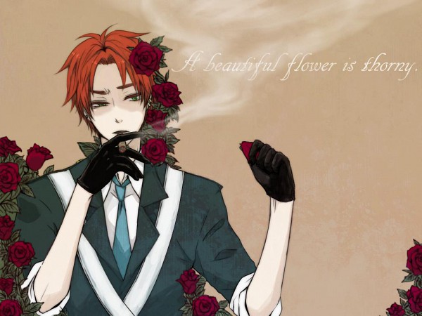 axis_powers_hetalia, black_gloves, cigar, flower, gloves, green_eyes, red_hair, rose, scotland_(hetalia), sleeves_rolled_up