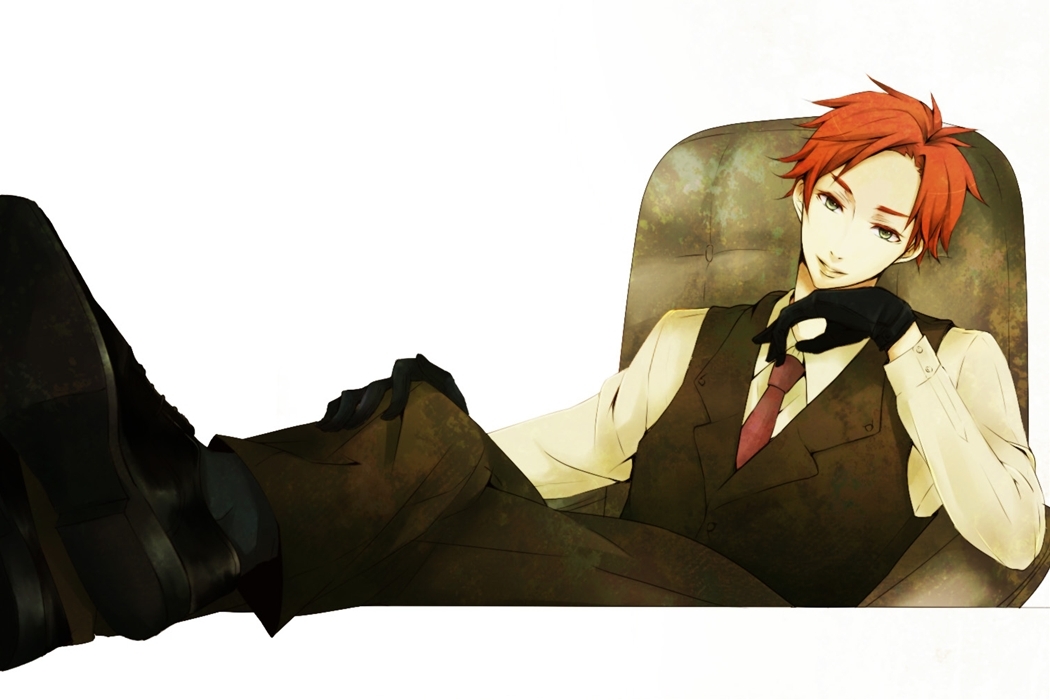 axis_powers_hetalia, black_gloves, desk, formal_clothes, gloves, green_eyes, red_hair, scotland_(hetalia), suit