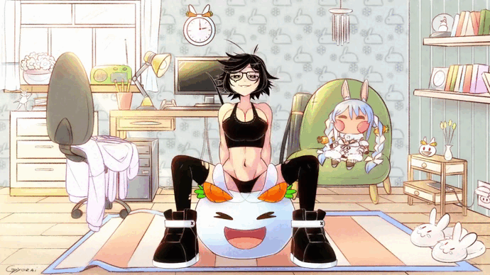 1girl, animated, animated_gif, assertive_female, ball, bouncing_breasts, breasts, cleavage, exercise_ball, glasses, gyorai, indoors, large_breasts, medium_breasts, tank_top, unexistarts, uni_(unexistarts)