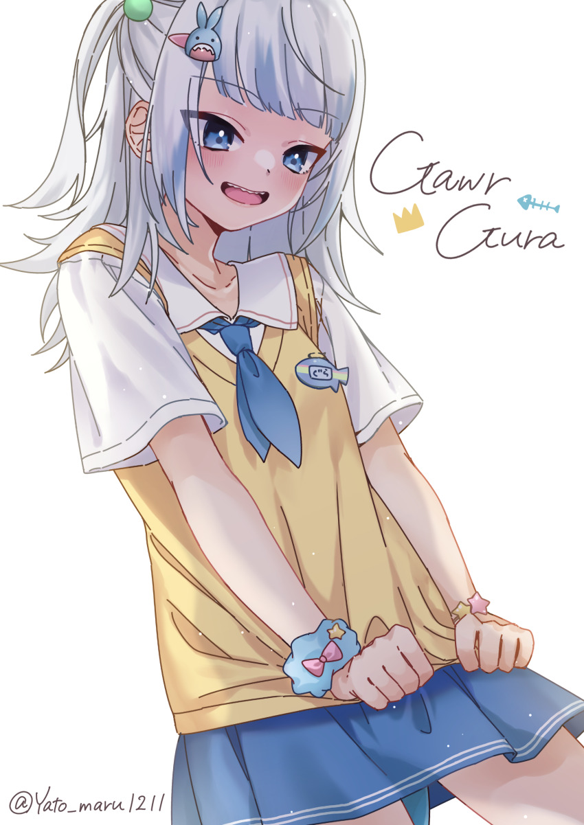 1girl, absurdres, blue_hair, blue_necktie, blunt_bangs, blush, breasts, character_name, collared_shirt, fins, fish_tail, gawr_gura, gawr_gura_(school_uniform), grey_hair, hair_ornament, highres, hololive, hololive_english, looking_at_viewer, medium_hair, multicolored_hair, necktie, official_alternate_costume, one_side_up, open_mouth, shark_girl, shark_tail, shirt, sidelocks, small_breasts, smile, streaked_hair, tail, teeth, upper_teeth_only, vest, virtual_youtuber, white_background, yato_maru, yellow_vest