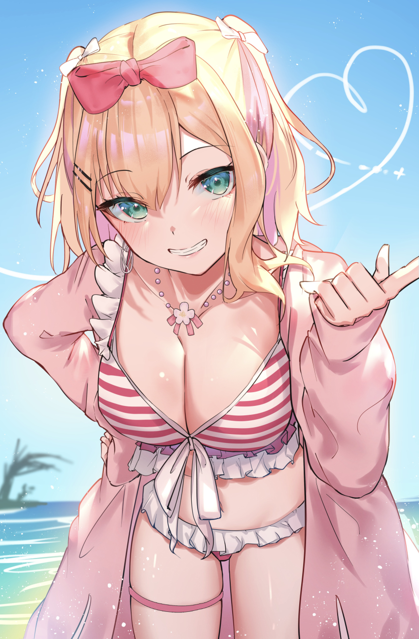 1girl, absurdres, beach, bikini, blonde_hair, blush, bow, breasts