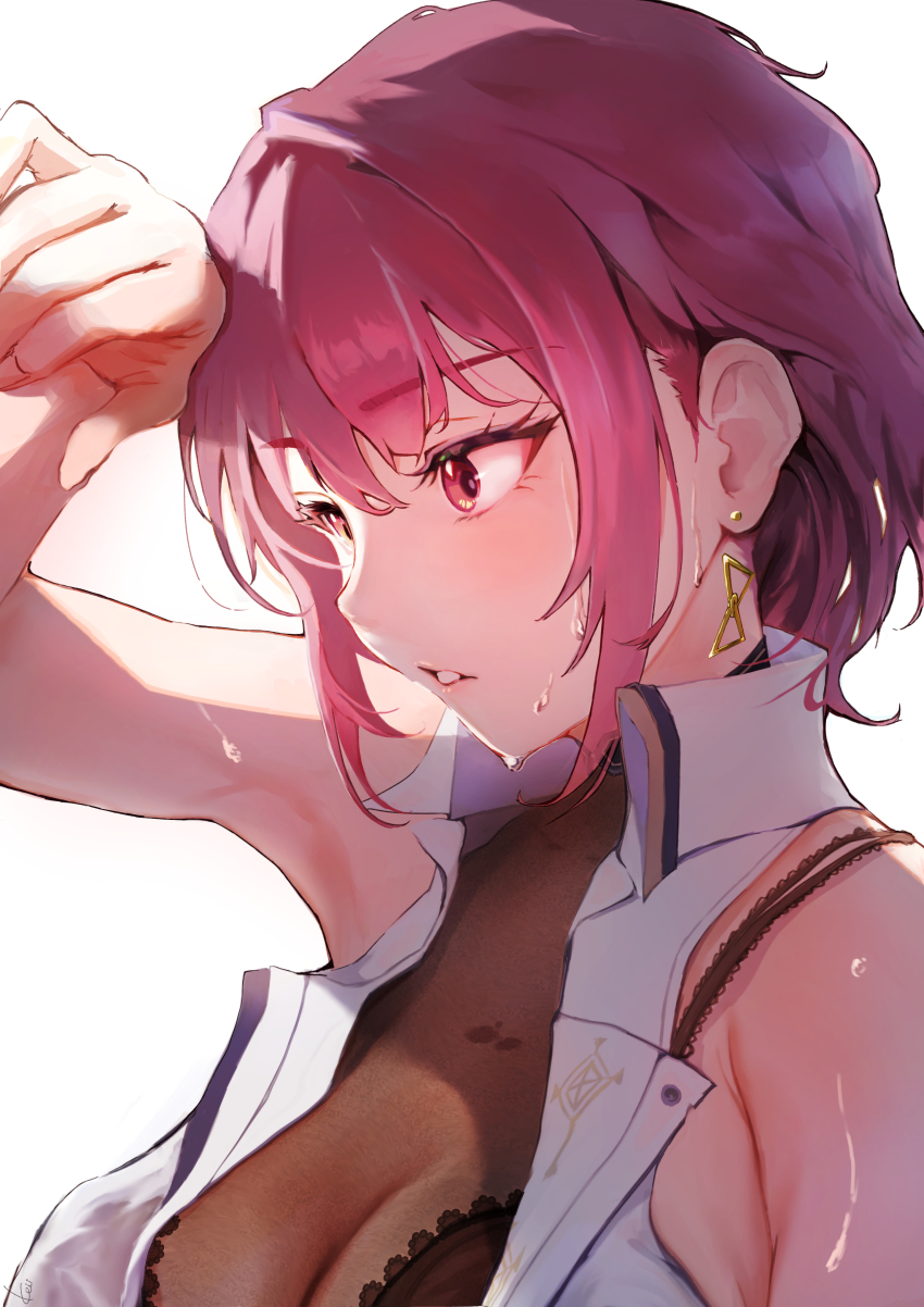 1girl, absurdres, armpits, bare_shoulders, black_bra, bra, breasts, cleavage