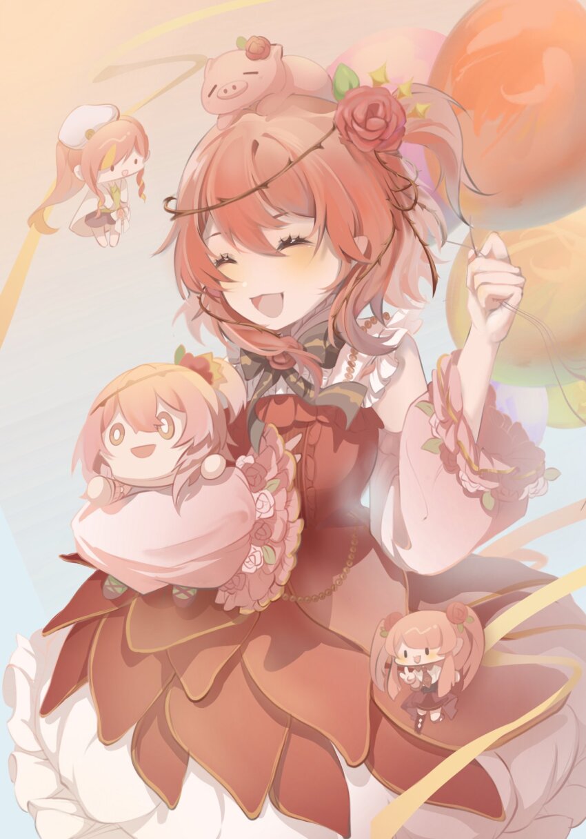 1girl, balloon, blush, character_doll, closed_eyes, clothing_cutout, doll, dress, flower, hair_flower, hair_ornament, highres, medium_hair, nijisanji, nijisanji_en, open_mouth, pink_eyes, pink_hair, red_dress, red_flower, red_rose, rose, rosebud_(rosemi_lovelock), rosemi_lovelock, rosemi_lovelock_(1st_costume), rosemi_lovelock_(fall_casual), rosemi_lovelock_(military), short_side_ponytail, shoulder_cutout, side_ponytail, su_(baisu2603), thorns, virtual_youtuber