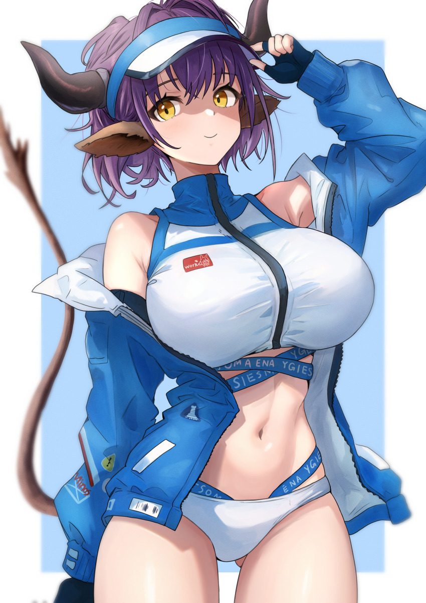 1girl, absurdres, animal_ears, arknights, arm_up, bare_shoulders, bikini, bikini_bottom_only, black_gloves, blue_jacket, breasts, closed_mouth, commentary, cow_ears, cow_horns, cow_tail, cowboy_shot, crop_top, fingerless_gloves, gloves, gluteal_fold, hair_between_eyes, hair_intakes, highres, horns, huge_breasts, jacket, looking_at_viewer, midriff, navel, off_shoulder, official_alternate_costume, open_clothes, open_jacket, purple_hair, short_hair, sideroca_(arknights), sideroca_(light_breeze)_(arknights), smile, solo, sora_mame_(princess_0sora), stomach, swimsuit, tail, tail_raised, turtleneck, visor_cap, white_bikini, yellow_eyes