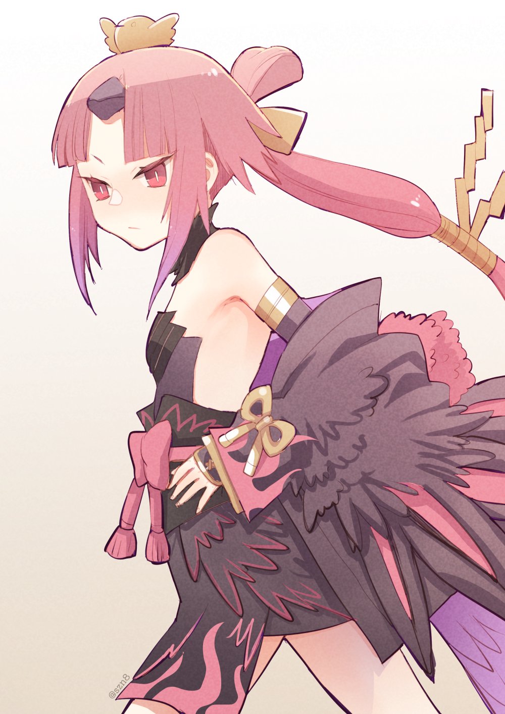 1girl, arm_guards, beni-enma, beni-enma_alter, bird_hair_ornament, black_dress, black_feathers, breasts