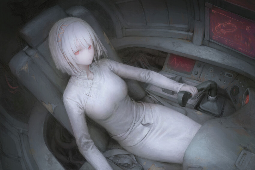1girl, absurdres, armored_core, armored_core_vi:_fires_of_rubicon, ayre_(armored_core_vi), braid, braided_sidelock, cable, changpao, chinese_clothes, cockpit, controller, dina_5347, hairband, highres, impasto, interior, joystick, light_smile, looking_at_viewer, medium_hair, personification, push-button, radar, red_eyes, screen, seatbelt, sidelocks, sitting, solo, swept_bangs, twin_braids, white_hair, white_hairband