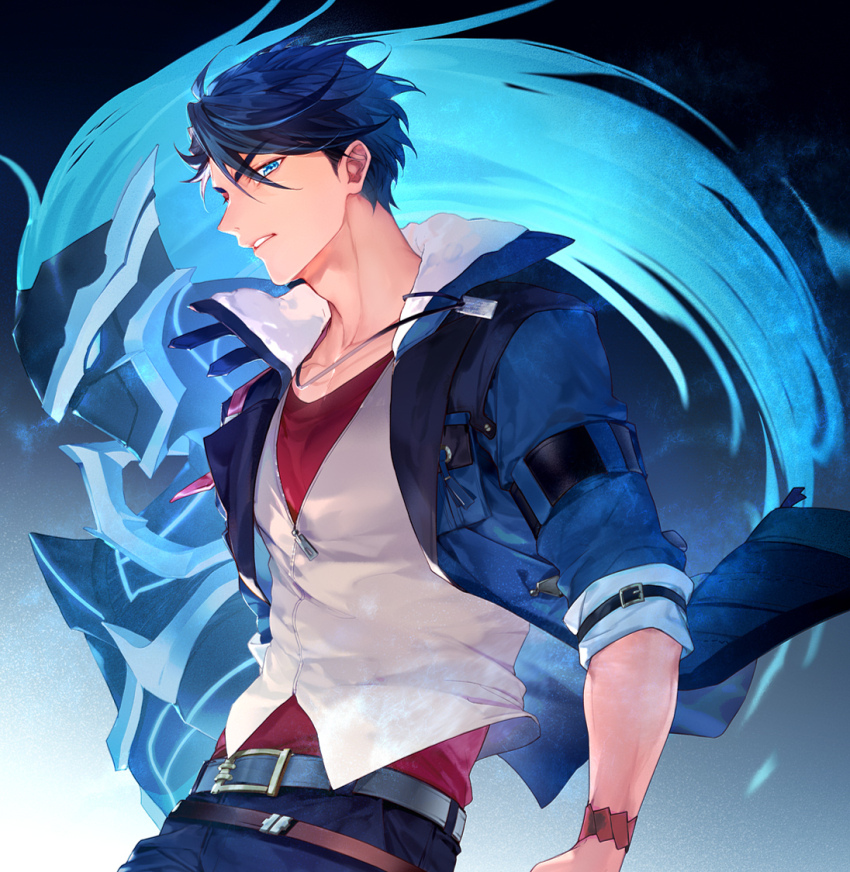 1boy, achan_(blue_semi), armor, blue_eyes, blue_hair, bracelet, dog_tags, eiyuu_densetsu