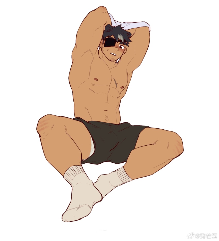 1boy, abs, animal_ears, bara, bear_ears, black_shorts, blush, dark-skinned_male, dark_skin, eyepatch, facial_hair, full_body, goatee_stubble, gou_mangwu, highres, long_sideburns, looking_at_viewer, male_focus, male_underwear, male_underwear_peek, mature_male, muscular, muscular_male, navel, navel_hair, nipples, original, pectorals, short_hair, short_shorts, shorts, sideburns, sideburns_stubble, socks, solo, sparse_navel_hair, spread_legs, stomach, stubble, thick_eyebrows, topless_male, underwear, undressing, white_male_underwear, white_socks