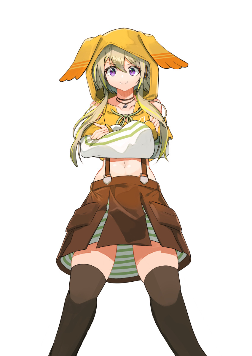 1girl, absurdres, animal_hood, blonde_hair, brown_skirt, brown_thighhighs, closed_mouth, clothing_cutout