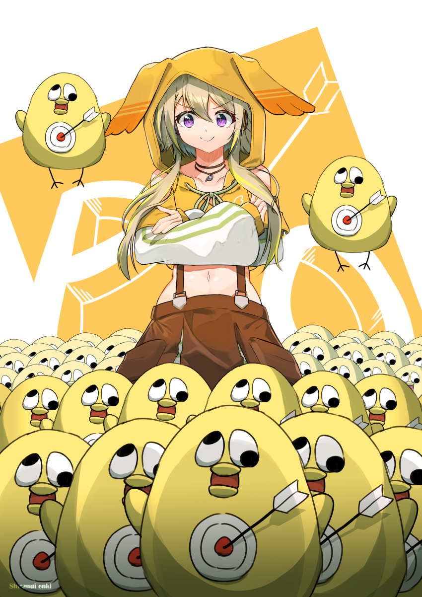 1girl, absurdres, animal_hood, arrow_(projectile), baby_animal, bird, blonde_hair, brown_skirt