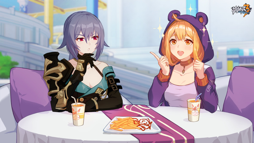 2girls, :d, alvitr_(honkai_impact), animal_hood, armor, bare_shoulders, black_gloves, black_hair