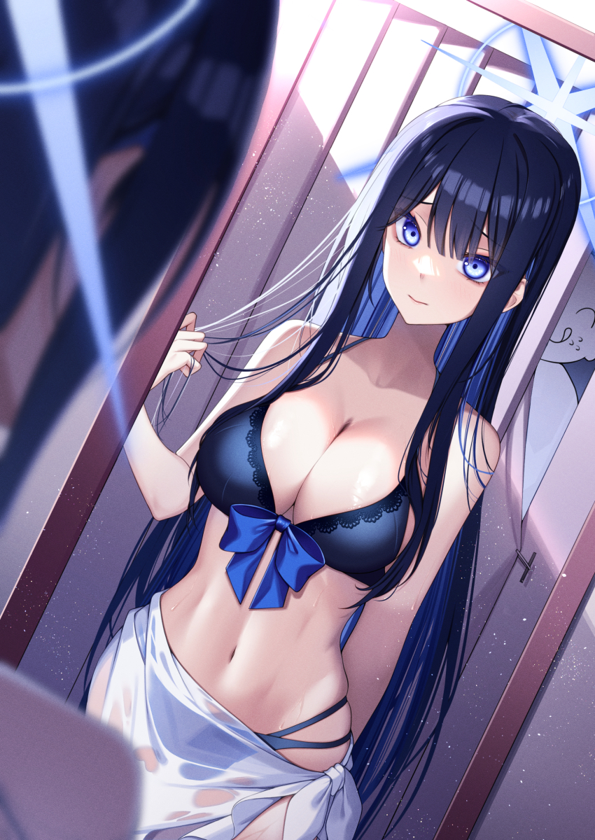 1boy, 1girl, absurdres, alternate_costume, bare_arms, bare_shoulders, bikini, blue_archive
