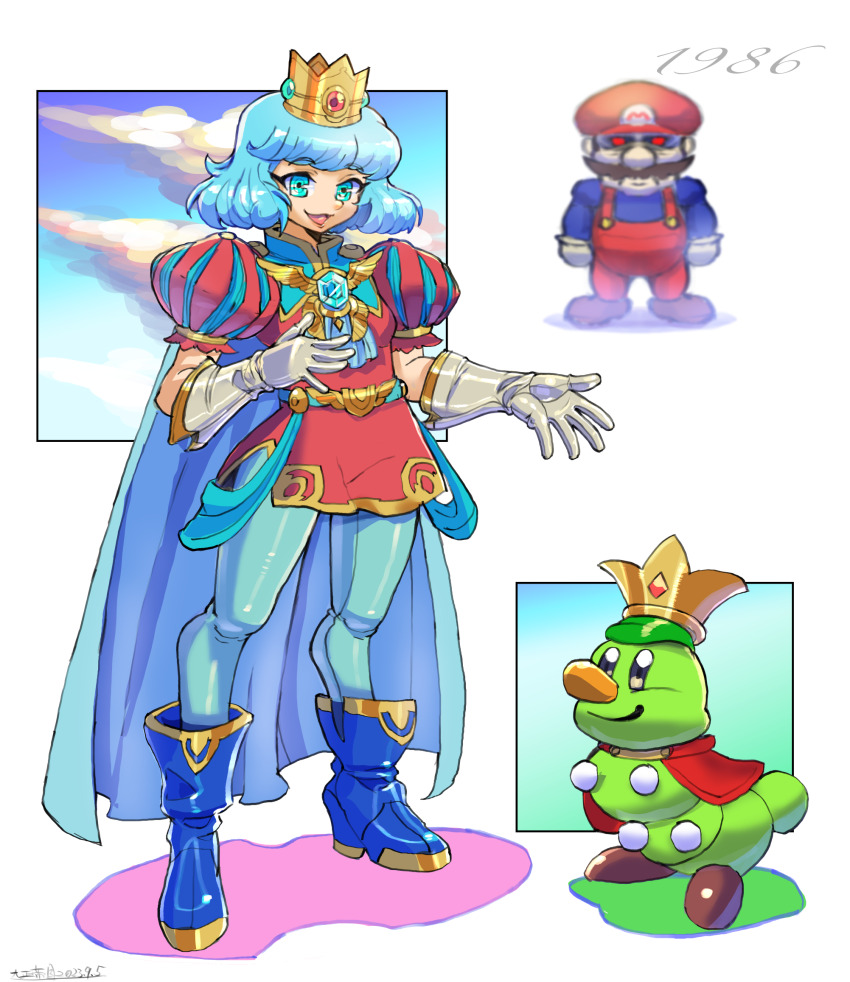 3boys, androgynous, angry, aqua_eyes, aqua_hair, belt, blue_cape, blue_footwear