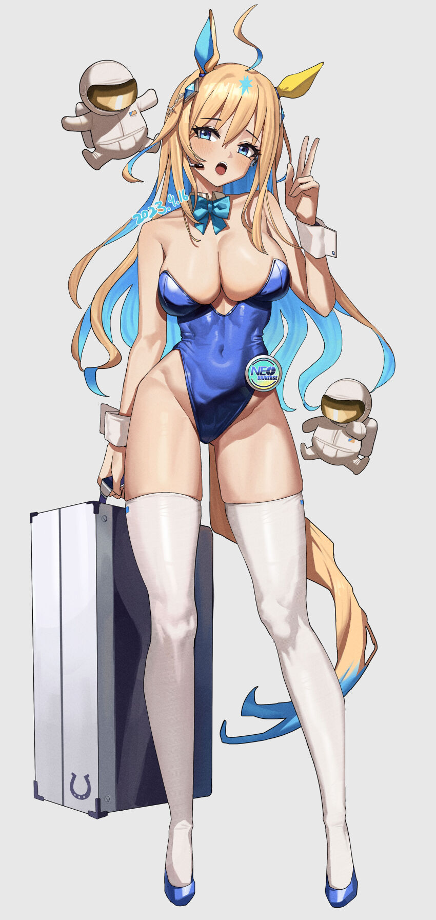 1girl, absurdres, alternate_breast_size, animal_ears, aqua_bow, aqua_bowtie, bare_arms, bare_shoulders