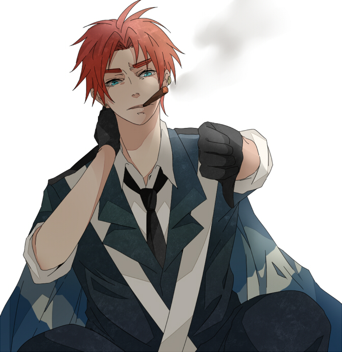 axis_powers_hetalia, black_gloves, cigar, gloves, green_eyes, red_hair, scotland_(hetalia), smoke