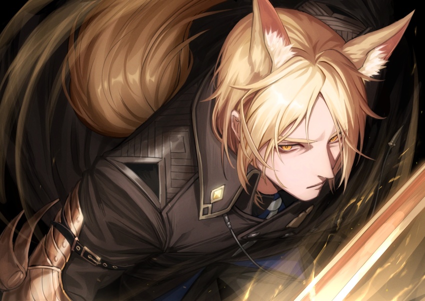 1boy, animal_ear_fluff, animal_ears, arknights, black_coat, black_pants, blonde_hair, blue_shirt