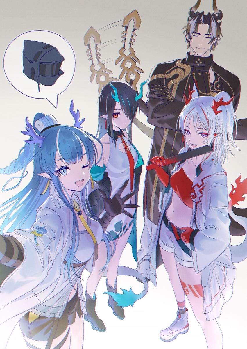 1boy, 3girls, arknights, bare_shoulders, black_coat, black_gloves, black_hair, black_shorts, blue_eyes, blue_hair, breasts, chongyue_(arknights), closed_eyes, closed_mouth, coat, doctor_(arknights), dragon_boy, dragon_girl, dragon_horns, dragon_tail, dress, dusk_(arknights), earrings, fiery_tail, fire, flame-tipped_tail, gloves, green_horns, hair_over_one_eye, highres, horns, imone_illust, jewelry, ling_(arknights), long_hair, looking_at_viewer, medium_breasts, multicolored_hair, multiple_girls, necktie, nian_(arknights), one_eye_closed, open_clothes, open_mouth, pants, pointy_ears, purple_eyes, red_eyes, red_necktie, shorts, smile, streaked_hair, tail, very_long_hair, very_long_tail, white_dress, white_hair, white_pants, white_shorts, yellow_necktie