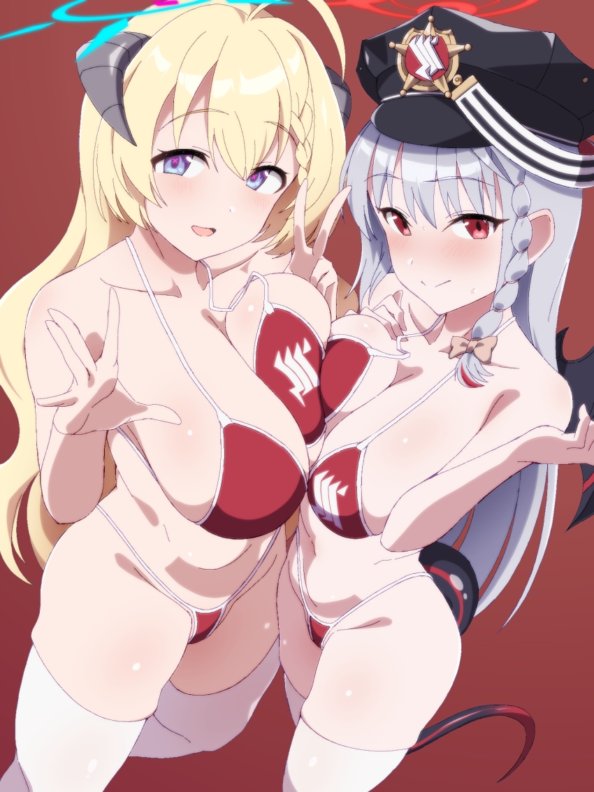 2girls, :d, ahoge, akari_(blue_archive), alternate_costume, bare_shoulders, bikini, blonde_hair, blue_archive, blue_eyes, blush, breast_press, breasts, cleavage, collarbone, demon_tail, hair_between_eyes, hair_ornament, haruna_(blue_archive), hat, highres, large_breasts, long_hair, multiple_girls, open_mouth, peaked_cap, pov, red_bikini, red_eyes, rqm55, skindentation, smile, swimsuit, symmetrical_docking, tail, thighhighs, very_long_hair