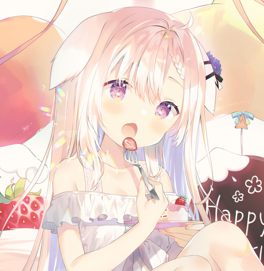1girl, :o, animal_ears, balloon, bare_shoulders, braid, braided_bangs, cake