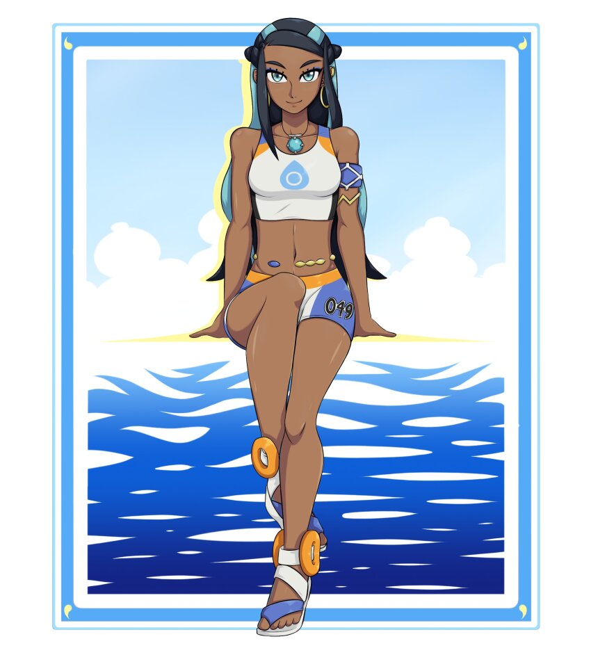 1girl, absurdres, belly_chain, bikini, blue_eyeshadow, dark-skinned_female, dark_skin, earrings, ememtrp, eyeshadow, full_body, highres, hoop_earrings, jewelry, looking_at_viewer, makeup, midriff, navel, nessa_(pokemon), nintendo, pokemon, pokemon_sword_and_shield, self-upload, sitting, solo_focus, swimsuit, tankini