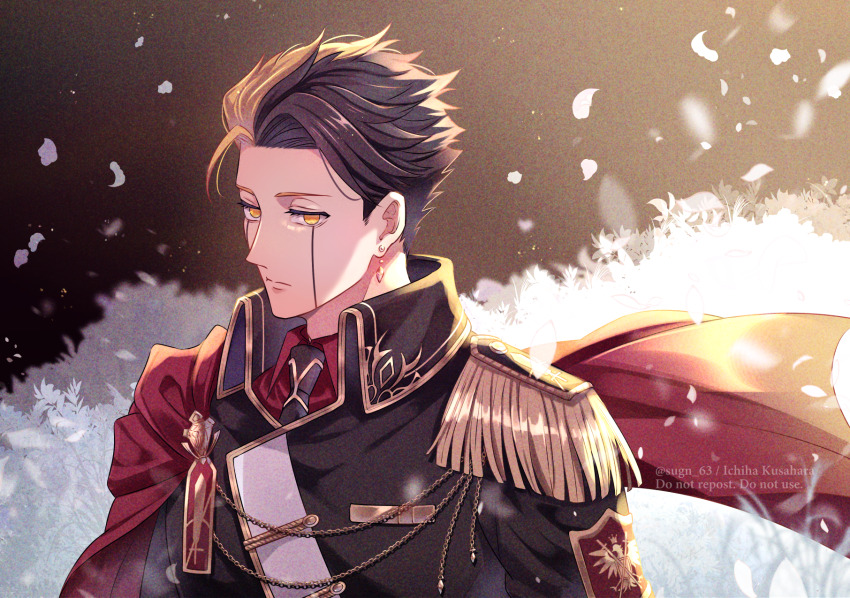 1boy, black_hair, black_necktie, blonde_hair, cape, collared_shirt, earrings, english_text