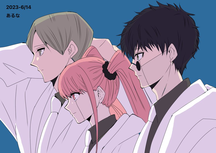 1girl, 2boys, anser_shinri, arunakurosaki, black_hair, black_scrunchie, black_shirt, brown_hair