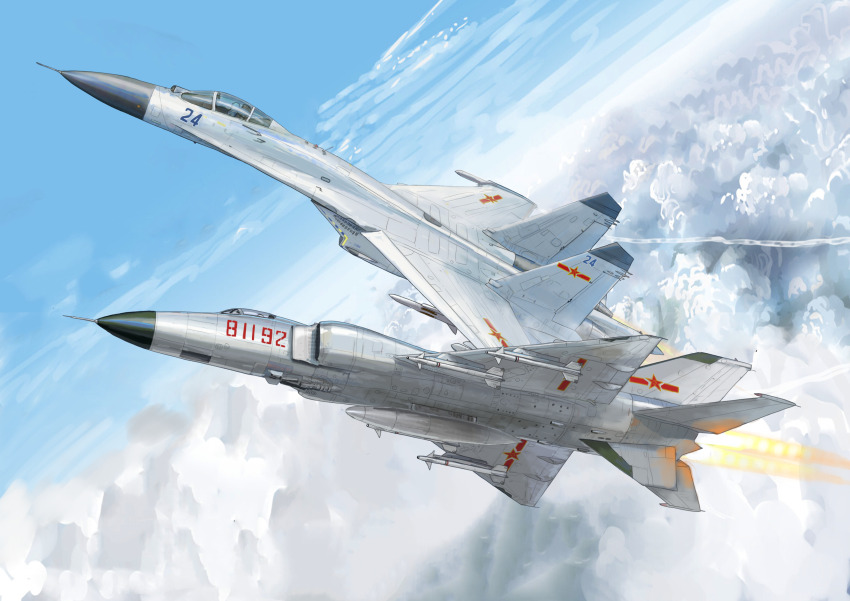 absurdres, afterburner, air-to-air_missile, aircraft, airplane, centerline_fuel_tank, cloud, contrail, fighter_jet, highres, j-11, military_vehicle, missile, people's_liberation_army, people's_liberation_army_air_force, pilot, pl-9, r-77_vympel, red_star, shenyang_j-11, shenyang_j-8, star_(symbol), vehicle_focus, yukikaze_supersylph