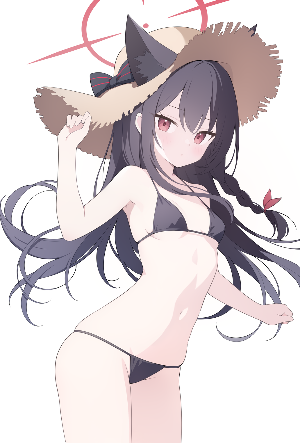 1girl, animal_ear_fluff, animal_ears, bare_arms, bare_legs, bare_shoulders, bikini, black_bikini, black_hair, blue_archive, blush, braid, breasts, brown_hat, chinese_commentary, closed_mouth, commentary_request, cowboy_shot, fox_ears, hair_between_eyes, halo, hat, highres, jyt, long_hair, navel, red_eyes, red_halo, simple_background, single_braid, small_breasts, solo, straw_hat, swimsuit, white_background, yukino_(blue_archive)
