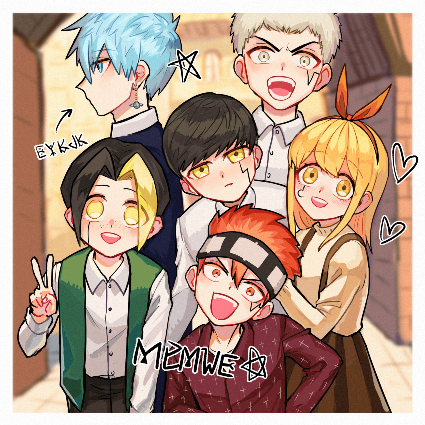1girl, 5boys, :d, alternate_costume, black_hair, blonde_hair, blurry, blurry_background