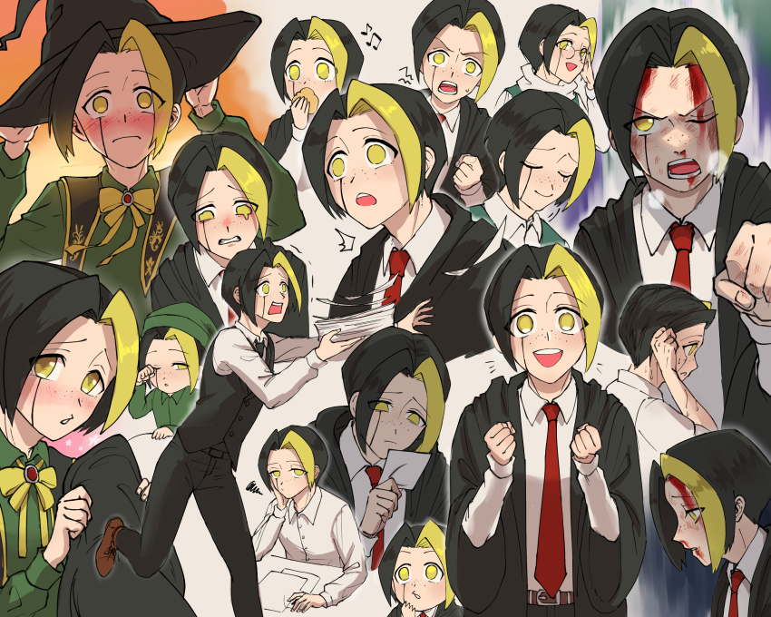 1boy, :d, absurdres, black_headwear, black_pants, black_vest, blood, blood_on_face