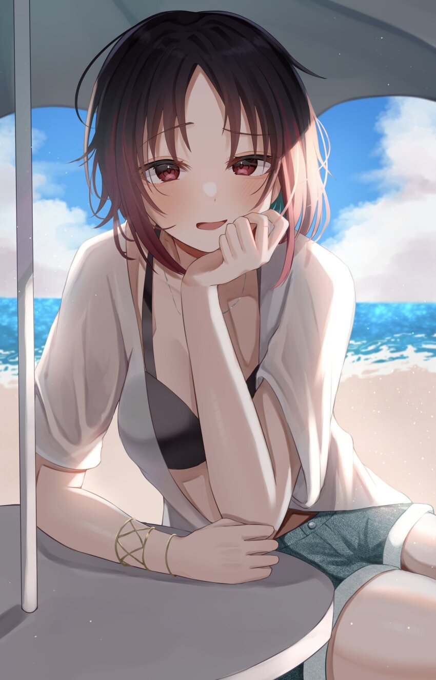 1girl, beach, bikini, bikini_under_clothes, black_bikini, black_hair, blue_sky, breasts