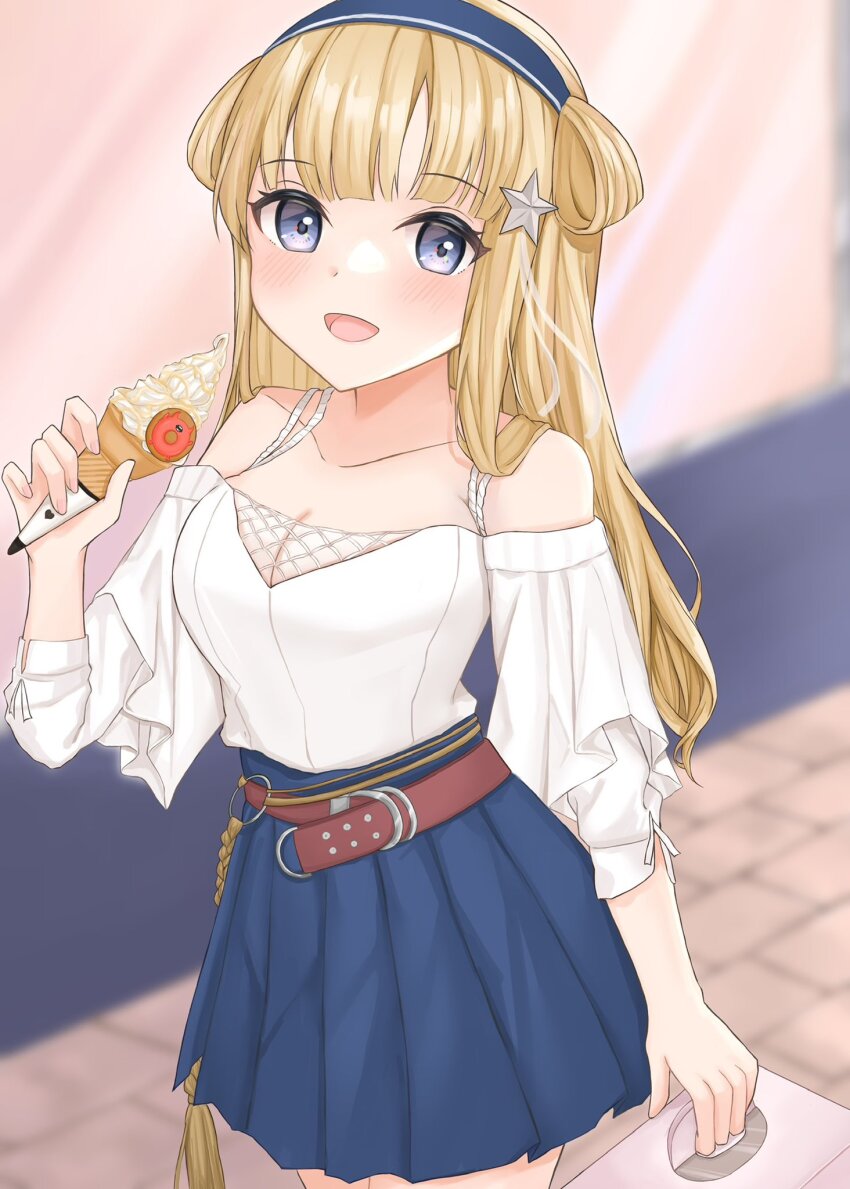 1girl, belt, blonde_hair, blue_eyes, blue_hairband, blue_skirt, breasts, brown_belt