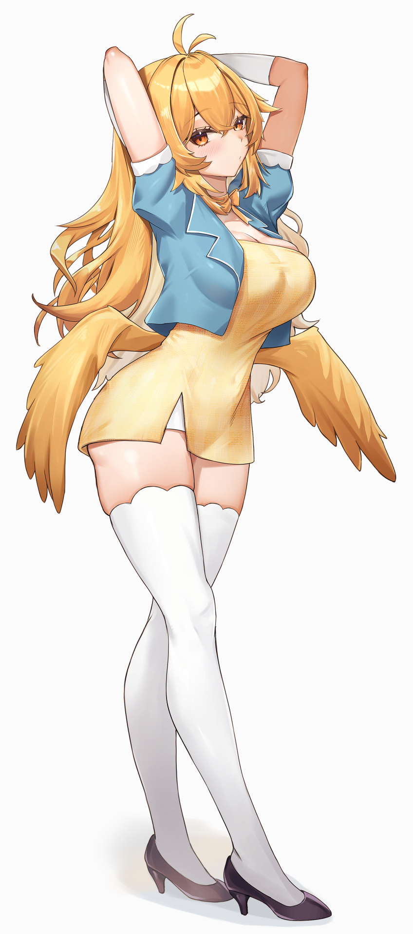 1girl, antenna_hair, arm_up, arms_up, black_footwear, blonde_hair, blush, breasts