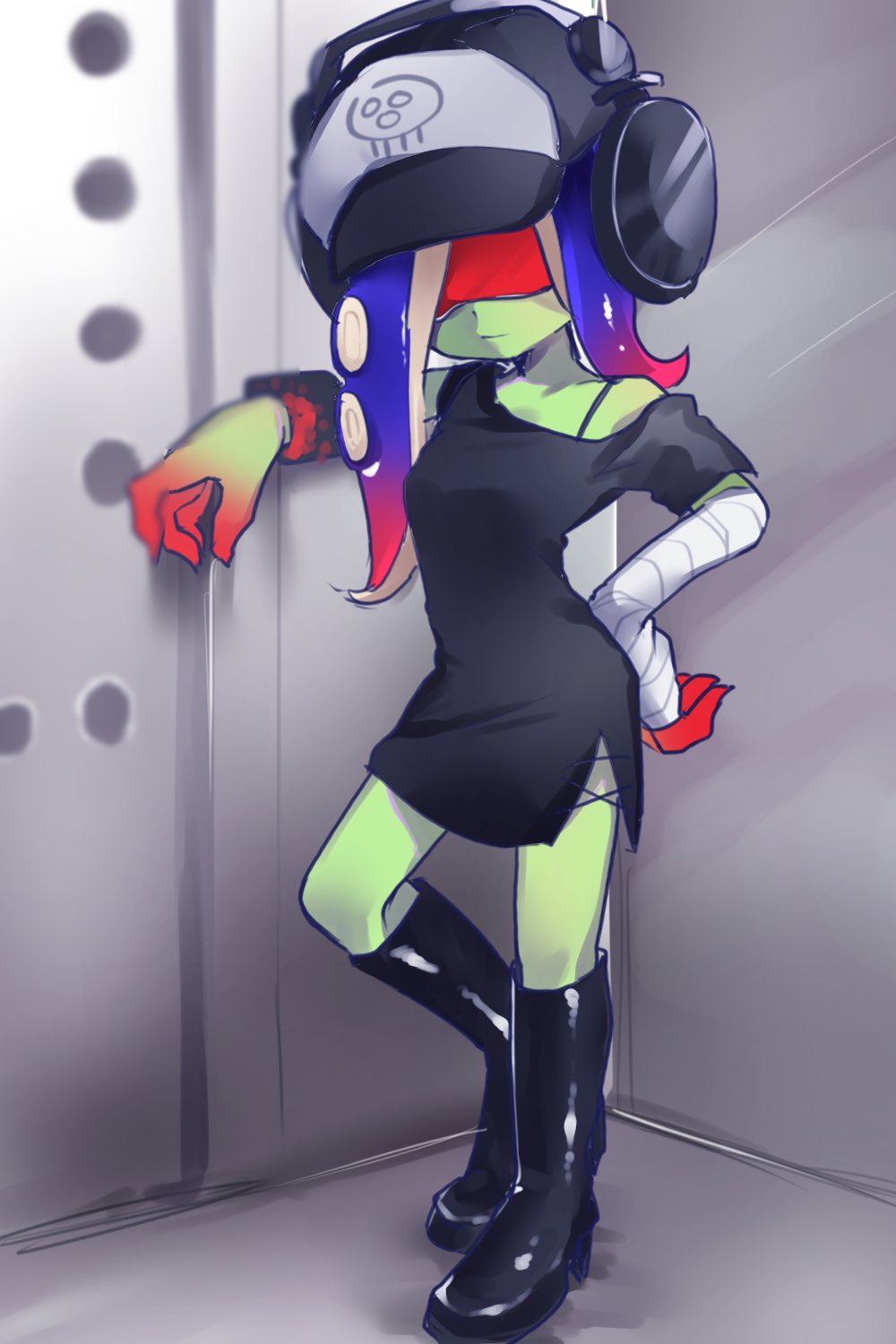 1girl, asymmetrical_hair, bandaged_arm, bandages, black_boots, black_dress, black_hat, blue_hair, boots, bra_strap, bracelet, closed_mouth, colored_skin, dedf1sh, dress, elevator, gradient_hair, gradient_skin, green_skin, hand_on_own_hip, hat, headphones, headphones_over_headwear, highres, jewelry, knee_boots, long_hair, makotono_nasu, multicolored_hair, multicolored_skin, nintendo, octoling, off-shoulder_dress, off_shoulder, red-tinted_eyewear, red_hair, red_skin, sanitized_(splatoon), short_dress, side_slit, single_bare_shoulder, solo, splatoon_(series), splatoon_2, splatoon_2:_octo_expansion, splatoon_3, splatoon_3:_side_order, standing, suction_cups, sunglasses, tentacle_hair, tinted_eyewear, two-tone_hair, two-tone_headwear, two-tone_skin, white_hat