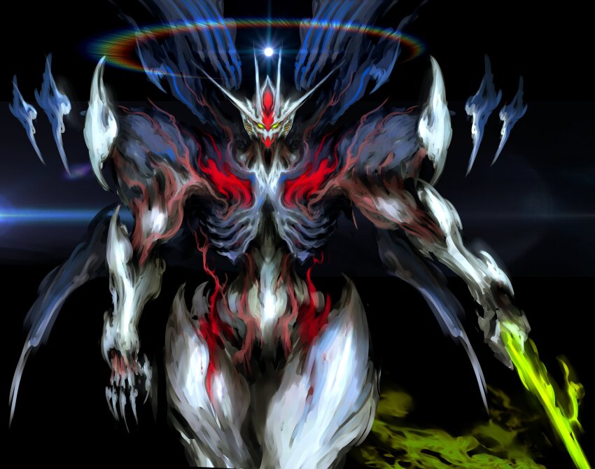 absurdres, energy_sword, biomechanical, bit_(gundam), black_background, blue_skin, colored_skin, energy_blade