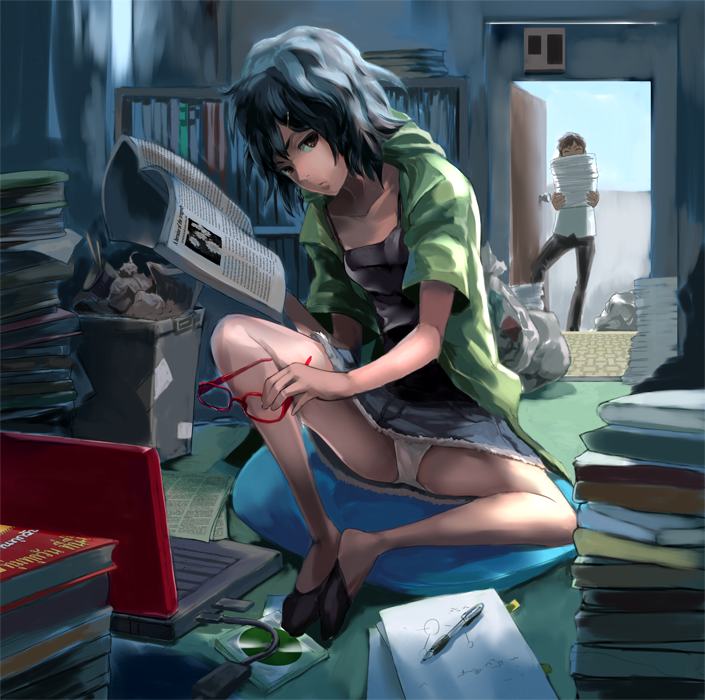 1boy, 1girl, computer, glasses, hikikomori, iwaya, computer_keyboard, laptop