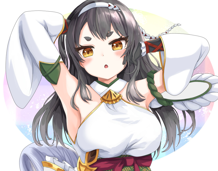 1girl, :o, arm_behind_head, armpits, arms_up, bare_shoulders, black_gloves, black_hair, bluekalmia, blush, breasts, collar, detached_sleeves, eyelashes, gloves, gold_trim, hairband, hand_in_own_hair, head_tilt, highres, large_breasts, long_hair, long_sleeves, looking_at_viewer, nanao_(oshiro_project), open_mouth, oshiro_project:re, poking, poking_another's_breast, red_sash, sash, shirt, short_eyebrows, sleeveless, sleeveless_shirt, solo, straight-on, thick_eyebrows, upper_body, white_collar, white_hairband, white_shirt, white_sleeves, wide_sleeves, yellow_eyes