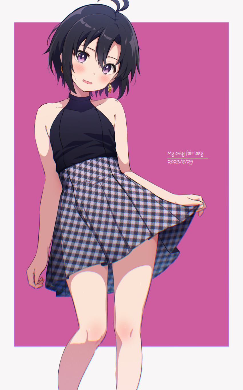 1girl, absurdres, antenna_hair, bare_shoulders, black_hair, black_shirt, blush, chromatic_aberration, commentary_request, earrings, embarrassed, feet_out_of_frame, flat_chest, gyorui_(katsuwo_drawing), high-waist_skirt, highres, holding_own_skirt, idolmaster, idolmaster_(classic), idolmaster_million_live!, idolmaster_million_live!_theater_days, jewelry, kikuchi_makoto, looking_at_viewer, my_only_fair_lady_(idolmaster), parted_lips, purple_eyes, shirt, short_hair, simple_background, skirt, sleeveless, sleeveless_shirt, solo, standing, sweatdrop, two-tone_background, wavy_mouth
