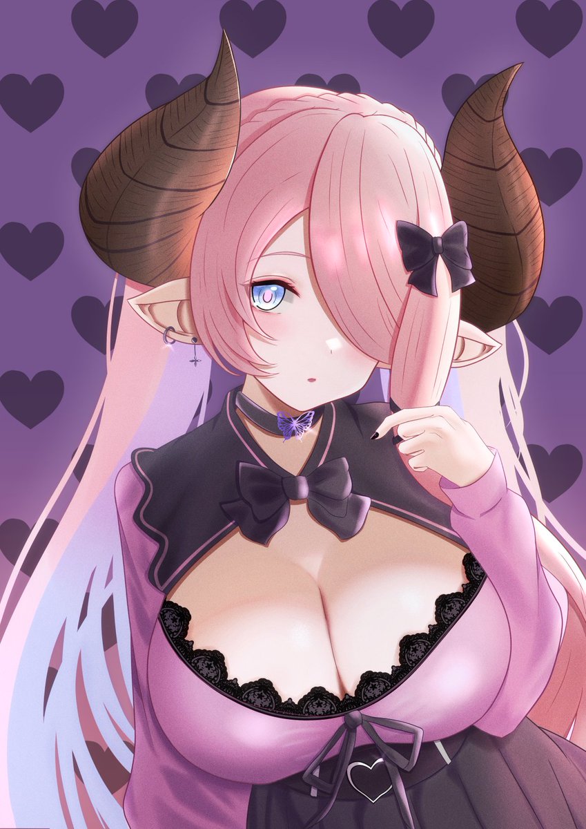 1girl, belt_buckle, black_bow, black_bowtie, black_ribbon, black_skirt, blue_eyes, blush, bow, bowtie, braid, breasts, buckle, cleavage, draph, dress, frilled_shirt, frills, granblue_fantasy, hair_ornament, hair_over_one_eye, heart, heart_o-ring, high-waist_skirt, highres, hilda_sakura, horns, jirai_kei, lace, lace-trimmed_dress, lace_trim, large_breasts, light_purple_hair, long_hair, looking_at_viewer, narmaya_(granblue_fantasy), o-ring, open_mouth, piercing, pink_shirt, pointy_ears, ribbon, shirt, skirt, very_long_hair