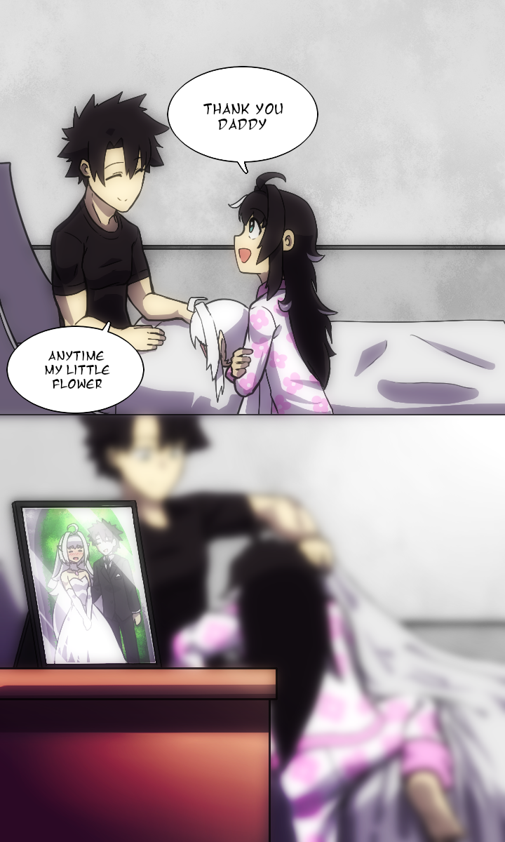 1boy, 2girls, ahoge, bed, black_hair, black_shirt, blanket, blue_eyes