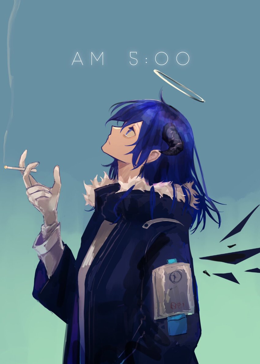 1girl, arknights, bad_anatomy, bad_hands, bags_under_eyes, blue_background, blue_coat, blue_eyes