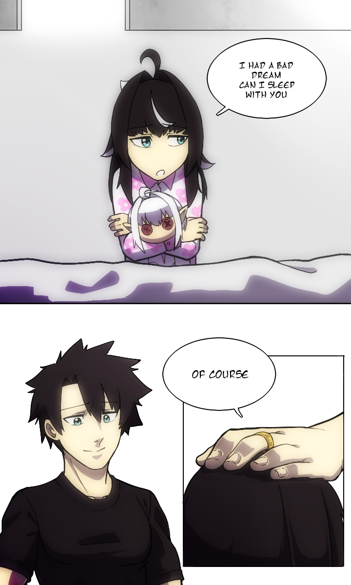 1boy, 1girl, ahoge, black_hair, black_shirt, blanket, blue_eyes, buttons