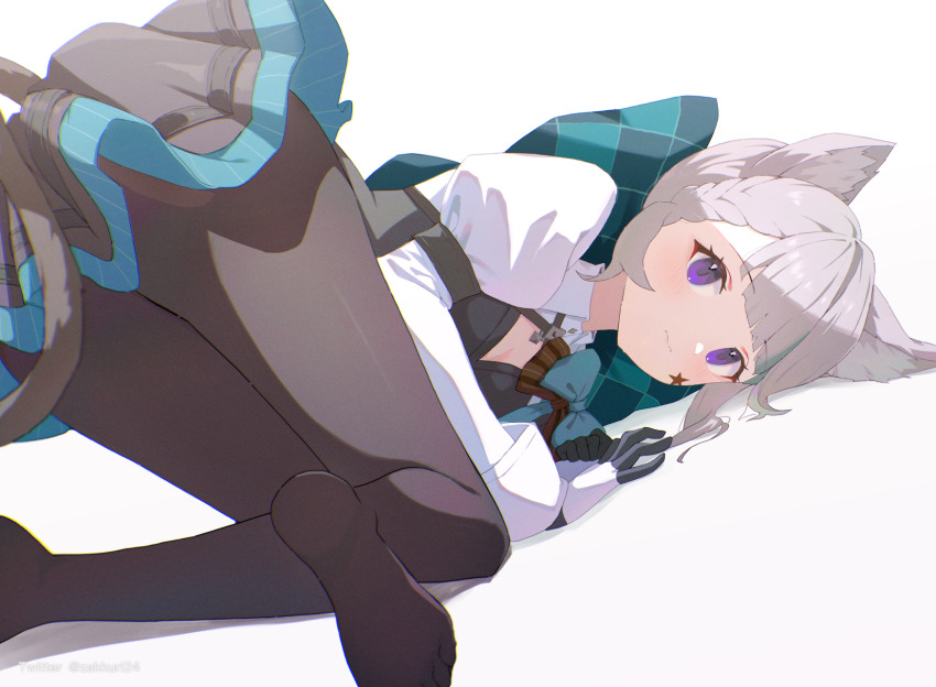 1girl, all_fours, animal_ear_fluff, animal_ears, ass, black_pantyhose, bow, braid