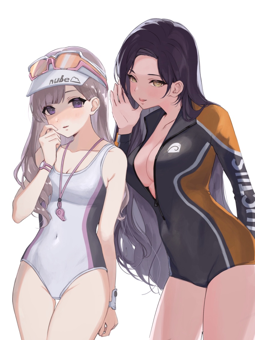 2girls, a01macaron, absurdres, asymmetrical_bangs, bare_shoulders, black_hair, black_wetsuit, breasts
