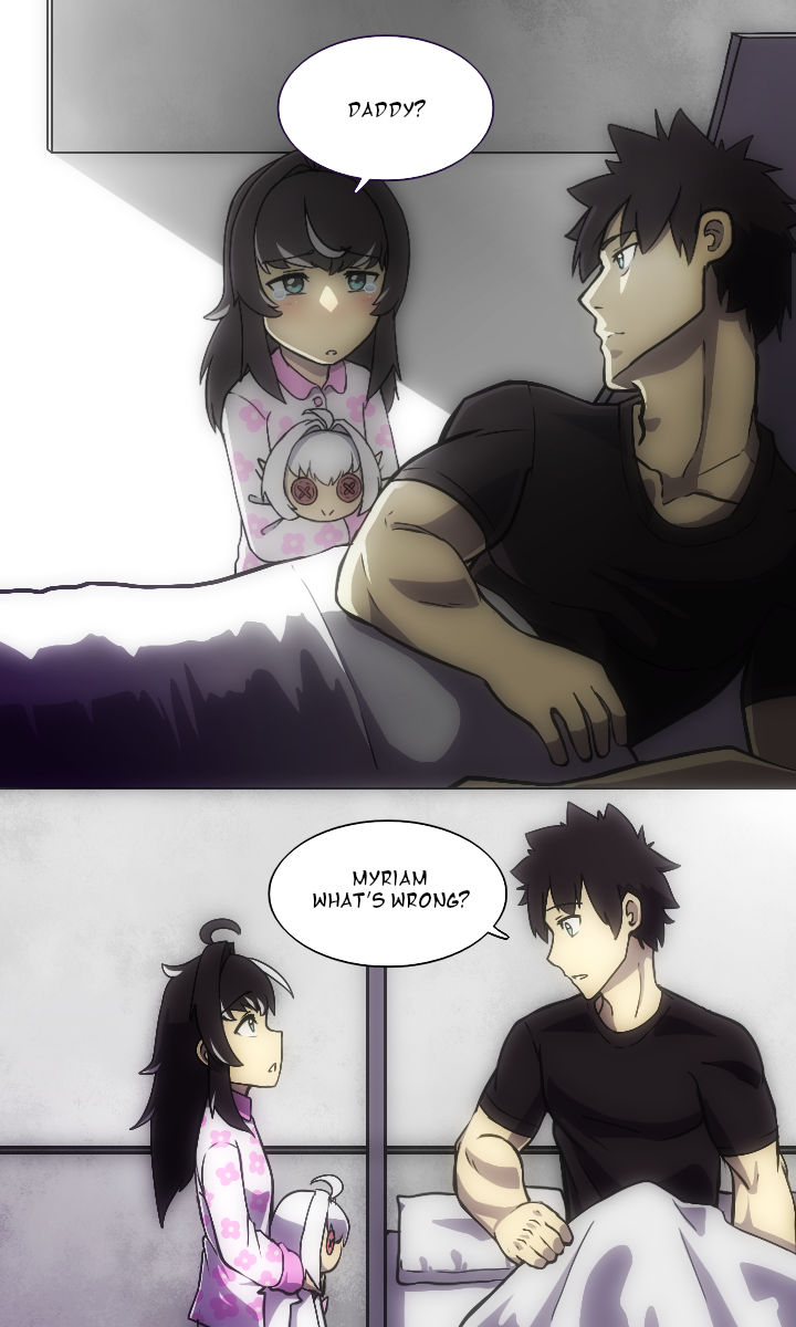 1boy, 1girl, ahoge, bed, black_hair, black_shirt, blanket, blue_eyes