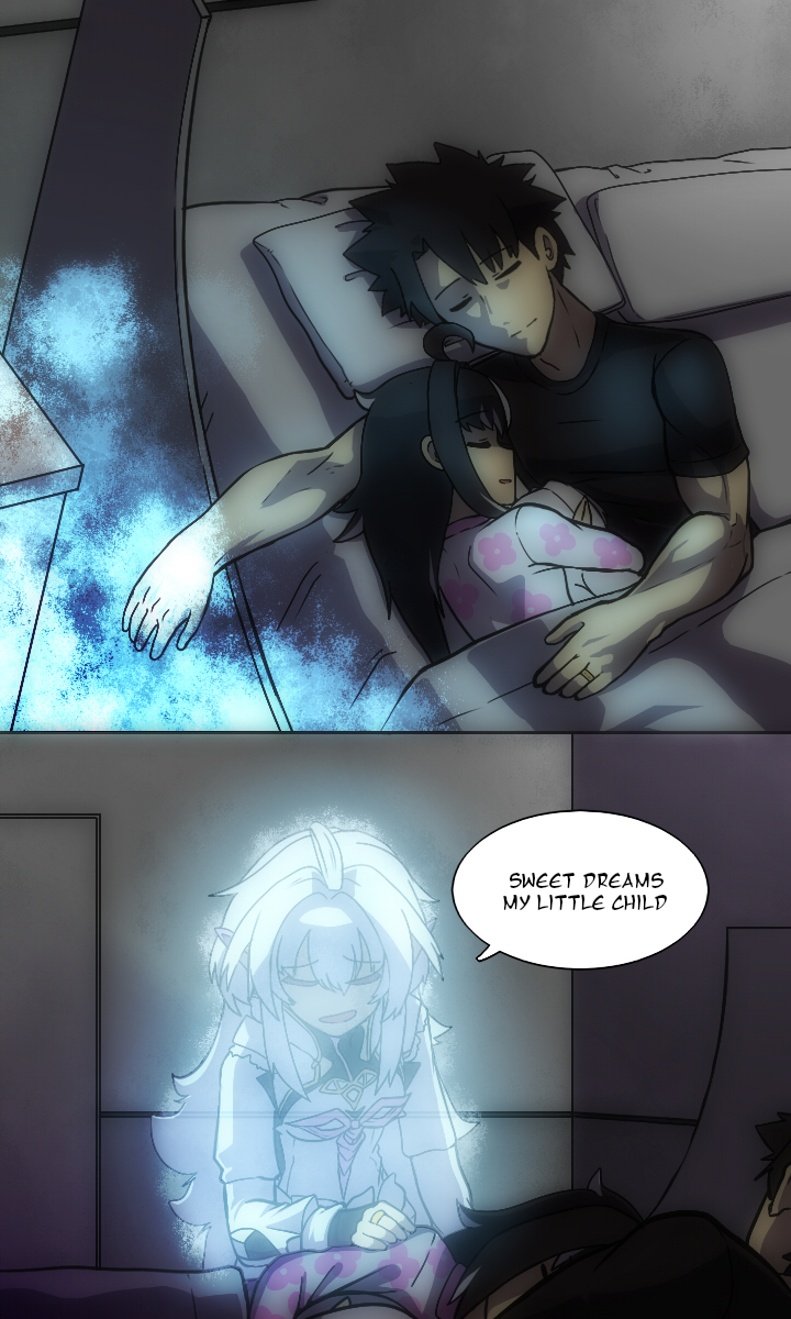 1boy, ahoge, bed, black_hair, black_shirt, blanket, character_doll, closed_mouth, doll, english_text, family, fate/grand_order, fate_(series), father_and_child, father_and_daughter, flower, fujimaru_myriam_(altermagna), fujimaru_ritsuka_(male), highres, if_they_mated, lazyartlazy12, long_hair, merlin_(fate/prototype), mother_and_child, mother_and_daughter, open_mouth, parent_and_child, pillow, shirt, speech_bubble, white_hair