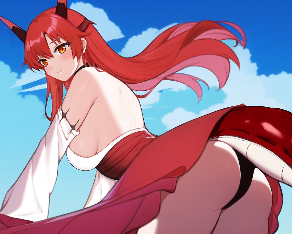 1girl, back, backless_outfit, backless_shirt, bare_legs, bare_shoulders, black_panties, blush, breasts, closed_mouth, clothes_lift, cloud, cowboy_shot, detached_sleeves, dragon_girl, dragon_horns, dragon_tail, eyebrows, female_focus, from_behind, from_below, from_side, high-waist_skirt, horns, leaning_forward, long_hair, long_skirt, looking_at_viewer, looking_down, looking_to_the_side, medium_breasts, outdoors, panties, red_eyes, red_hair, red_skirt, sa_(nax49), shirt, sideboob, skirt, skirt_lift, sky, smile, solo, standing, tail, tania_(beast_tamer), underwear, white_shirt, white_sleeves, yellow_eyes, yuusha_party_wo_tsuihou_sareta_beast_tamer_saikyoushu_no_nekomimi_shoujo_to_deau