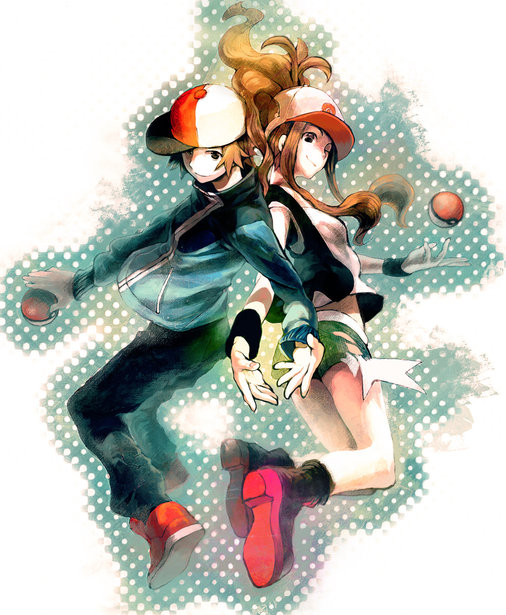 10s, 1boy, 1girl, back-to-back, bad_id, bad_pixiv_id, bare_legs, baseball_cap, brown_eyes, brown_hair, denim, denim_shorts, hat, highres, hilbert_(pokemon), hilda_(pokemon), jacket, koto_mutsu, long_hair, nintendo, one_eye_closed, poke_ball, poke_ball_(basic), pokemon, pokemon_black_and_white, polka_dot, polka_dot_background, ponytail, short_hair, shorts, sleeveless, smile, symmetrical_hand_pose, symmetry, vest, wink